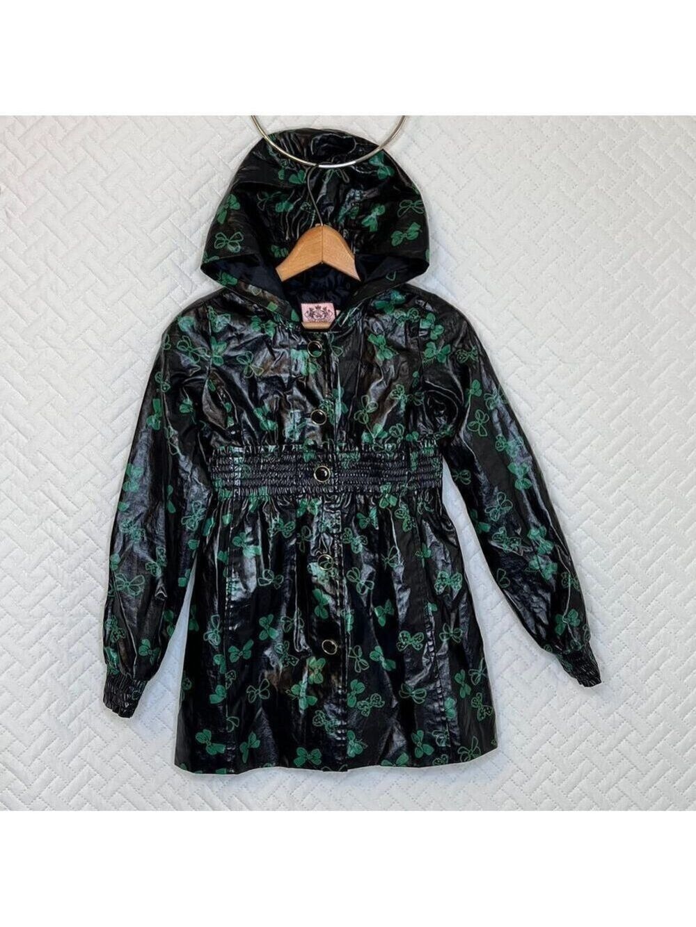 Juicy Couture Hooded Rain Coat RARE Girls 8 M Waterproof Jacket Bow Print Black